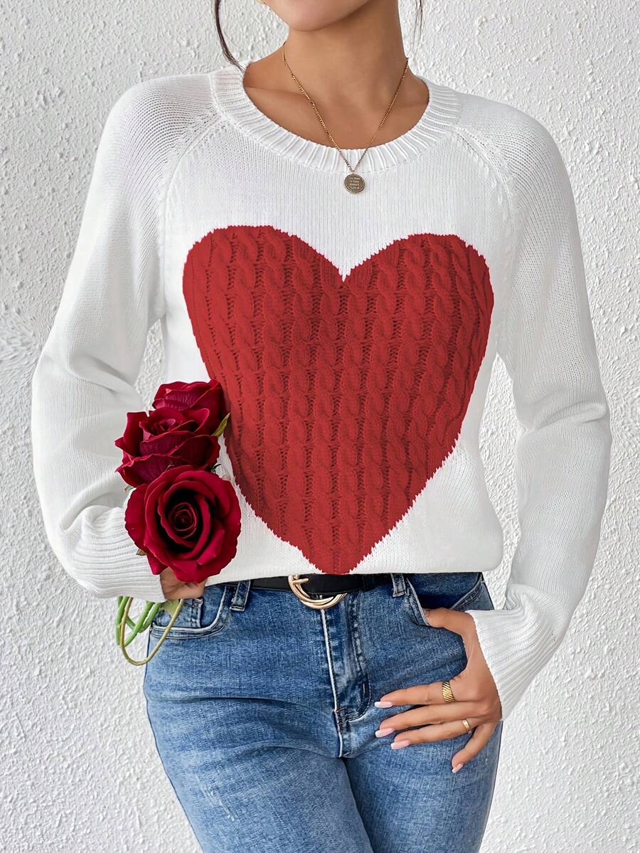 Heart Pattern Crewneck Knitted Sweater - Rice Apricot - View 1