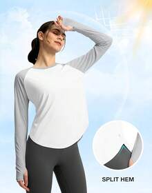 Womens Shirts UPF 50+ Lightweight Quick Dry Long Sleeve Workout Hiking Tops Outdoor - 白色+淺灰色 - 查看 3