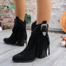 Vintage Fringe ,  Suede Rivet Ankle Boots,Metal Buckle Chunky Heel ,Western Cowboy Boots  Western    Side Zipper    Holiday - Black - View 1