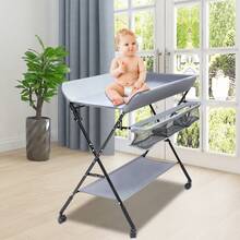 25KG Baby Changing Table - Foldable Diaper Care Station With Cute Prints & Wheels, Height Adjustable Unit With Storage Bags, Portable Massage Table For Parents - Grey - View 7