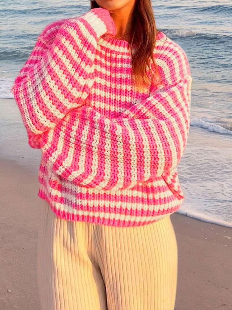 Women's Loose Knit Crew Neck Long Sleeve Pullover Striped Sweater, Autumn/Winter - Multicolor - View 6