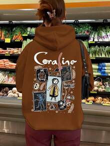 Áo sweatshirt dài tay dáng rộng in hình hoạt hình, vai rớt, có túi, dành cho người có thân hình mũm mĩm. - Cà phê nâu - Xem 1