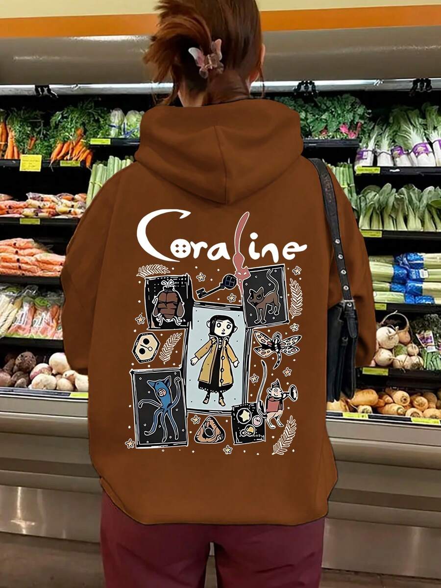 Áo sweatshirt dài tay dáng rộng in hình hoạt hình, vai rớt, có túi, dành cho người có thân hình mũm mĩm. - Cà phê nâu - Xem 1