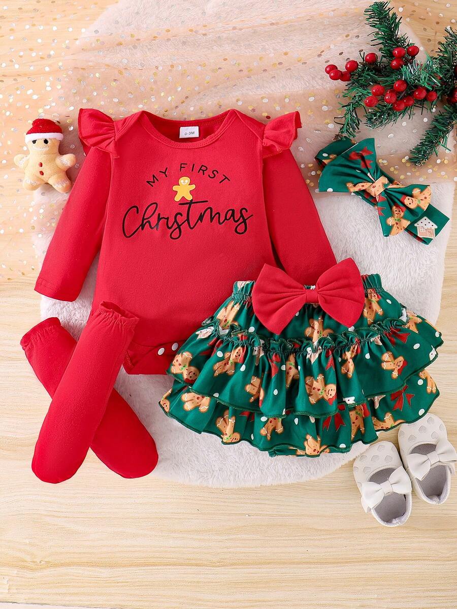 2件套女婴可爱字母印花长袖连体衣+印花裤+发带+腿套，秋季款 - 紅色 - 查看 1