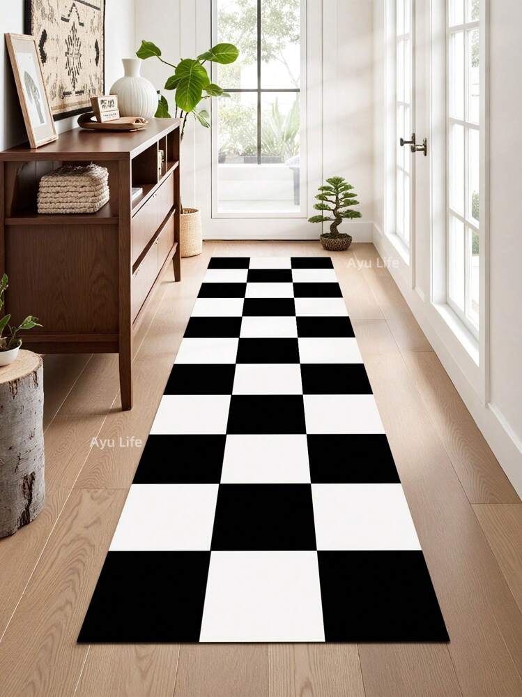Alfombra camino con patrón de tablero de ajedrez clásico, ideal para pisos de madera en entradas, lavaderos, pasillos, dormitorios, cocinas, decoración de la habitación y entradas - Decoración del hogar de temporada, felpudo largo y elegante, lavable y antideslizante, perfecto para uso doméstico como alfombra de pasillo, alfombras de sala de estar, tonos negro y blanco, alfombra de lado de la cama, alfombras de cocina, decoración del hogar | Decoración de cocina - Multicolor - Añade 1