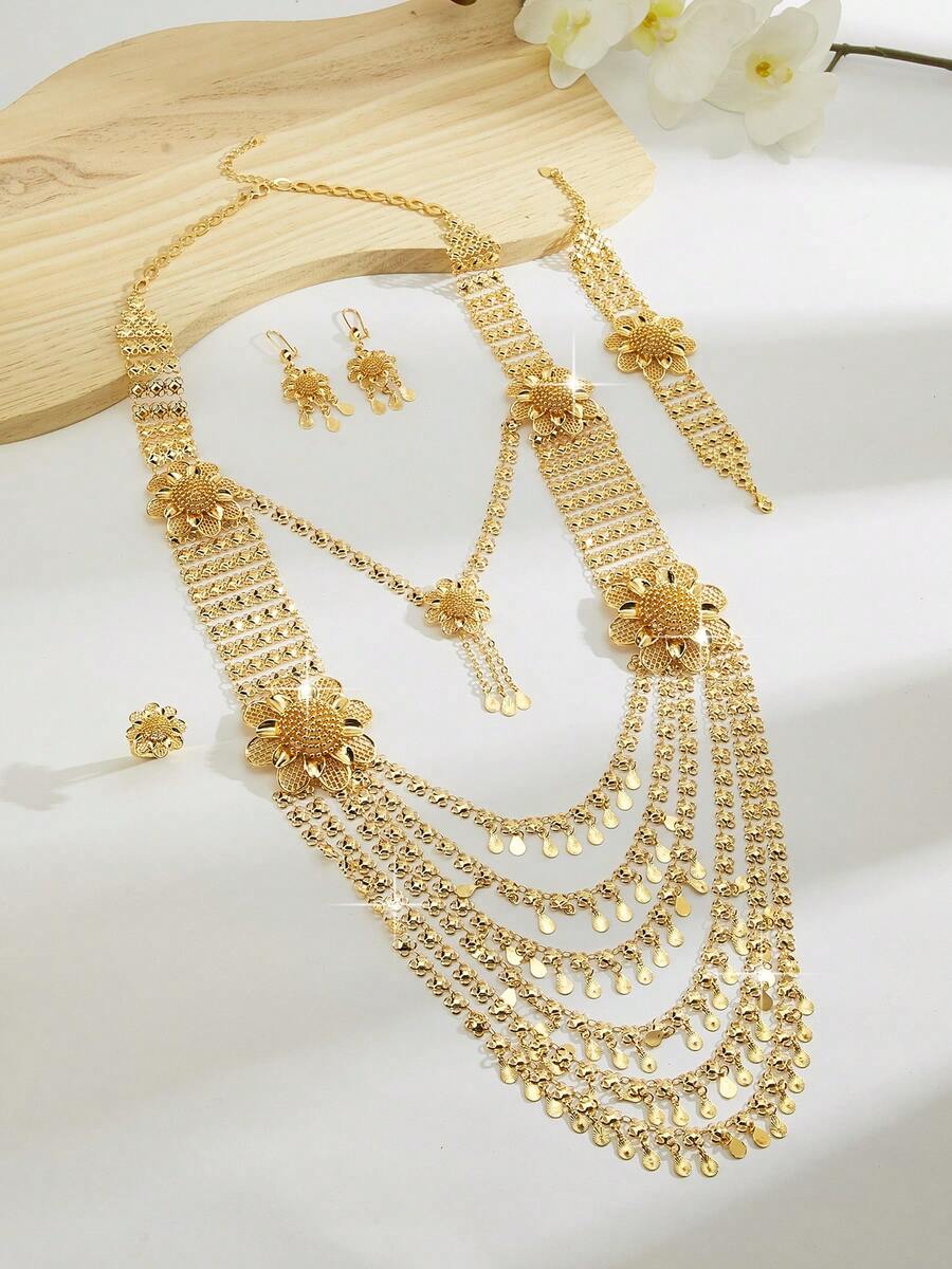 Set de bijuterii retro de lux Mgyi, din cupru auriu, la modă și de înaltă calitate, pentru femei, colier cu pandantiv, cercei, placat cu aur de 18K, design elegant de lux, pătrat, inel brățară pentru femei, potrivit pentru Nigeria, Dubai, Orientul Mijlociu, Arabia Saudită, nuntă, purtare zilnică, cadou de aniversare a nunții, cadou de Halloween pentru prieteni