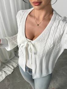 Elegant Solid Color Cable Knit Front Tie Bow Long Sleeve Cardigan Sweater For Women, Autumn/Winter White Fall - White - View 5