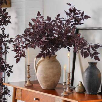 Fall Decor - Artificial Plum Purple Cimicifuga Ramosa Leaves - Farmhouse Foliage Stems For AutumnThanksgiving Harvest Halloween Faux Burgundy Fall Greenery Branch With Long Stems For Vase - Fall Table Centerpieces For Wedding Home Room, Artificial Plants For Mantel Decor