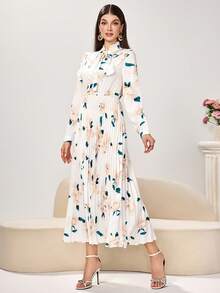 Women's Elegant Long Sleeve V-Neck Fashion Pleated Ruffle Collar Tie Waist Dress, Casual Wear