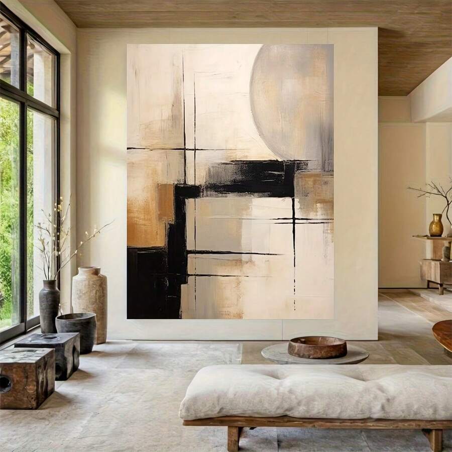 1pc Abstract Black & Beige Wall Art - Hand-Painted Minimalist Canvas Painting, Large Frameless Home Decor For Living Room Or Office, Textured Abstract Design, Neutral Wall Art, Living Room Artwork | Abstract Wall Art | Frameless Canvas, Wall Decor