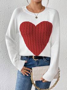 Heart Pattern Crewneck Knitted Sweater - Rice Apricot - View 3
