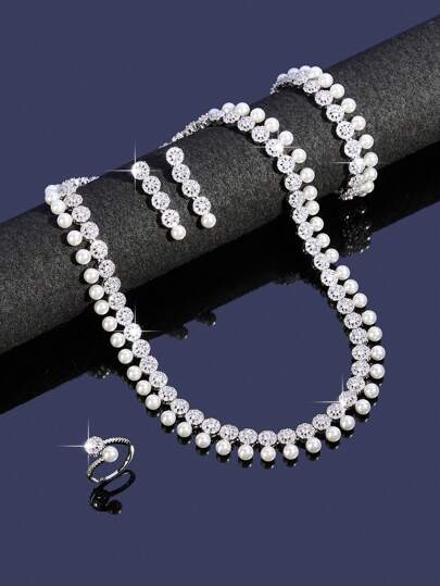 5PCS/Set Gorgeous White Cubic Zirconia & Big Round Luxury Glass Pearl Necklace,Earring,Ring,Bracelet Jewelry Set For Women Wedding Party Wear
