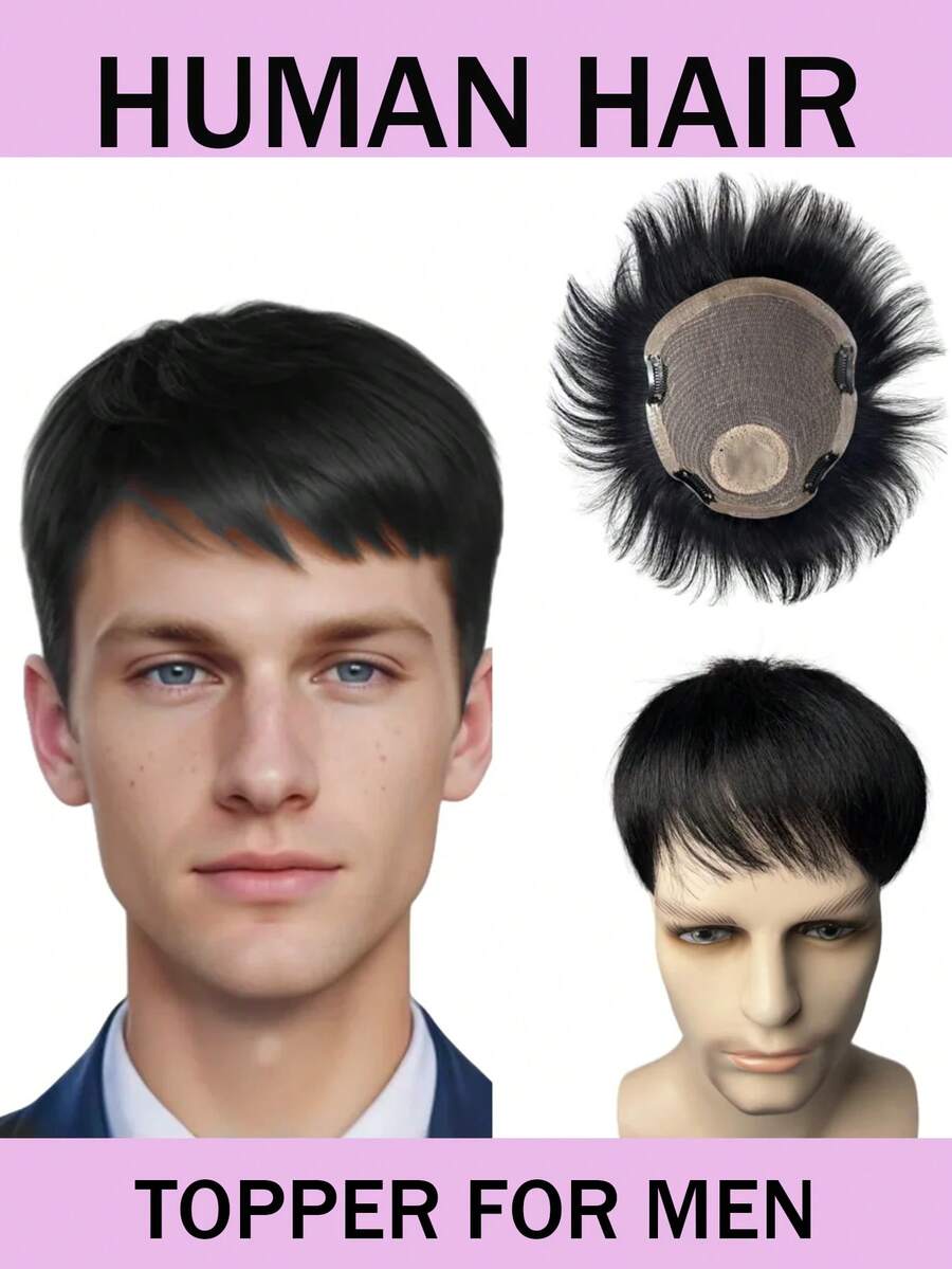 Tóc giả ngắn thẳng 4 inch dành cho nam, làm từ tóc thật, có thể thay thế. - Tự nhiên & Đen - Xem 1