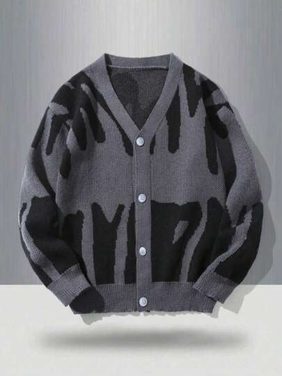 1pc Tween Boy Single Breasted Patterned Cardigan Drop Shoulder Chunky Letter Color Block Dark Grey Urban Fashion Casual Cardigan