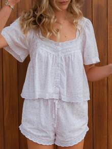 Women Y2k Lace Trim Shirt Babydoll Short Sleeve Ruffle Hem Flowy T Shirts Summer Boho Tops  Going Out Tops Streetwear - 淺粉色 - 查看 1