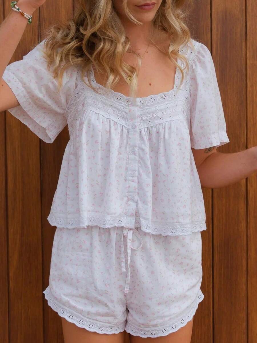 Women Y2k Lace Trim Shirt Babydoll Short Sleeve Ruffle Hem Flowy T Shirts Summer Boho Tops  Going Out Tops Streetwear - 淺粉色 - 查看 1