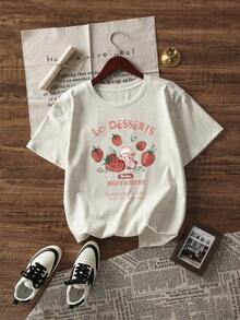 女士可爱草莓兔图案T恤 - 柔美少女灰色上衣，复古甜美印花短袖T恤，休闲原宿风夏季时尚 - 淺花灰 - 查看 6