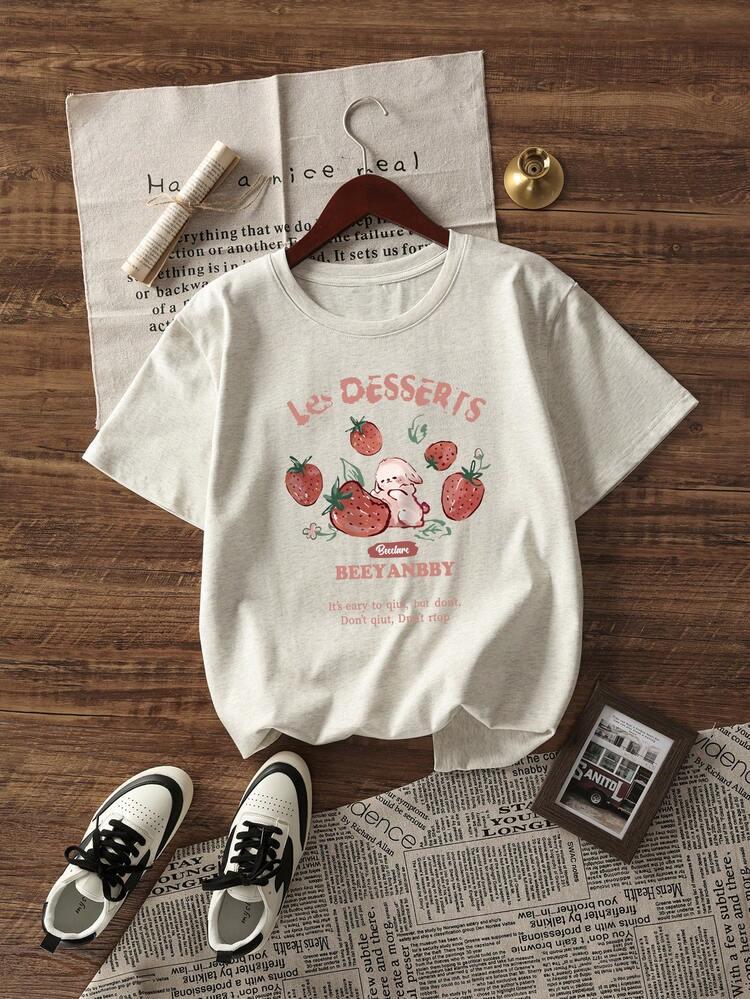 女士可爱草莓兔图案T恤 - 柔美少女灰色上衣，复古甜美印花短袖T恤，休闲原宿风夏季时尚 - 淺花灰 - 查看 6
