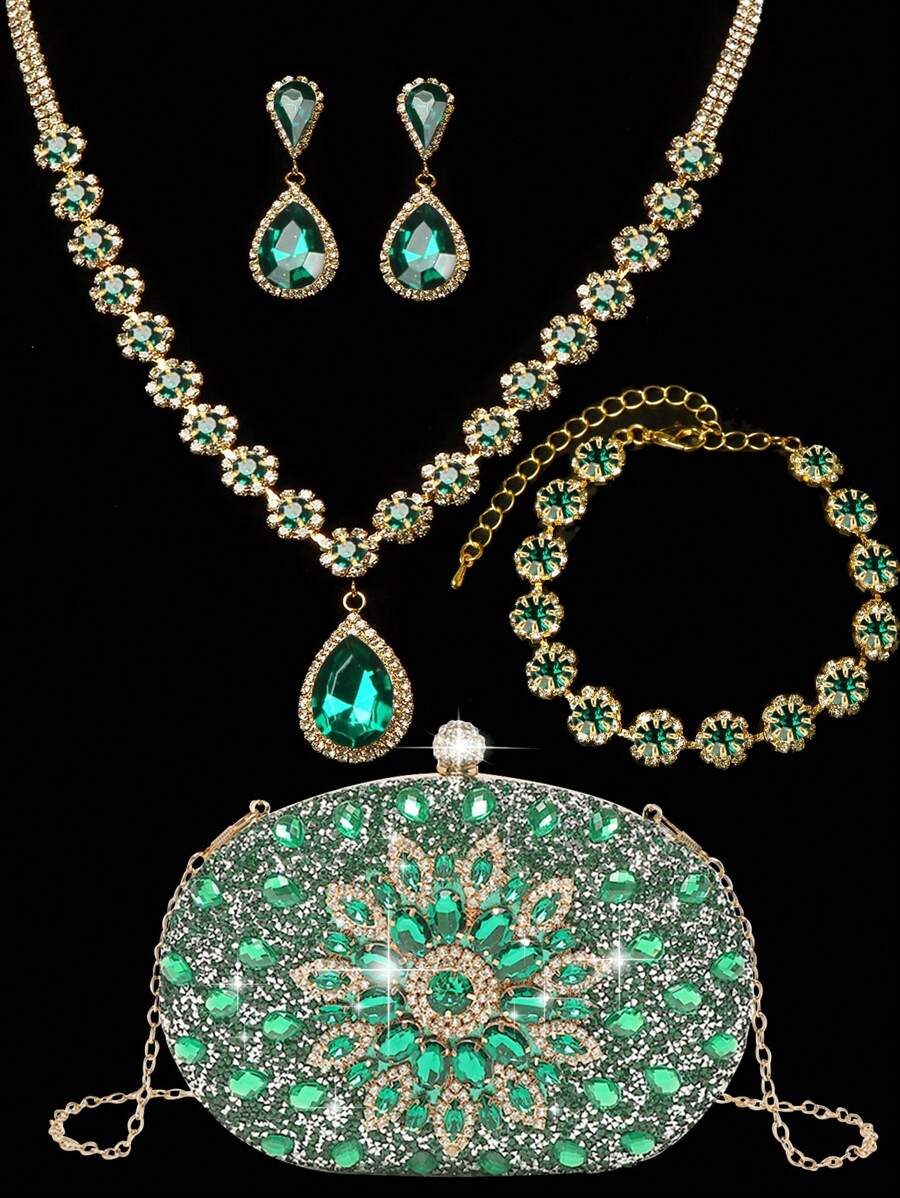 Rhinestone Jewelry Set Bling Necklace Earrings Bracelets Set For Women Evening Clutch Bag Bridal Wedding Sparkling Sunflower Crystal Glass Diamond Decoration Purse For Women Prom With Detachable Metal Chain For Wedding And Party Shoulder Bag For Women Clutch Purses For Ladies Bag Women's Handheld Evening Bag Versatile Glitter Handheld Bag Cocktail Party Wedding New Wallet Banquet Bag