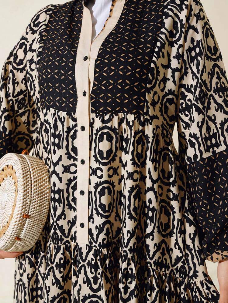 2423 Authentic Patterned Dress, Modest Bohemian Ditsy Floral Patchwork Lace Insert Evening Dress For Dates - Grey - View 3