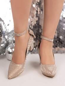 Zapatos de tacón para mujer, textura brillante tipo cocodrilo, punta fina, lazo decorativo, correa al tobillo, tacón grueso, estilo elegante para fiesta - Dorado - Ver 2