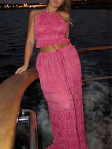 雪纺多层褶皱蕾丝边露背吊带长裙套装，浪漫优雅两件套，适合狂欢派对、聚会、哥特风、婚礼等场合。#两件套，2026春夏女装，婚礼季、音乐节、返校季，请穿着肤色内衣。由于生产批次不同，可能存在一些色差。 - 珊瑚粉 - 查看 8