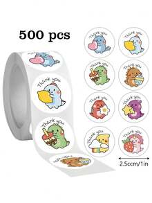 500 piezas/Rollo Pegatinas Autoadhesivas de Dinosaurio de Dibujos Animados de Agradecimiento - Pegatinas Redondas Brillantes de 1 Pulgada para Envolver Regalos, Decoración DIY, Ba, Primer Día de Escuela - Multicolor - Ver 1