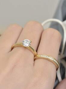 AIHUASI 2pcs/Set Elegant 925 Sterling Silver Yellow Gold Color Wedding Rings Bridal Set For Women 6.5*6.5mm 1.0 Carat Brilliant Dazzling Round Cut AAAAA Cubic Zirconia Solitaire Engagement Ring Fine Jewelry Valentines Gift - Yellow Gold - View 4