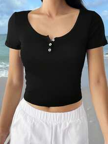 Y2K Style Fitted Solid Color Crew Neck Short Sleeve T-Shirt For Women, Suitable For Back To School, Beach Travel And Casual Wear - Black - View 5