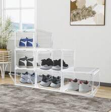 6 PCS Transparent Clear Sneaker Display Organizer, Storage Box Shoe Box Magnetic Closure Stackable, Space Saving, Plastic Organizers Boxes Stackable - Clear - View 9
