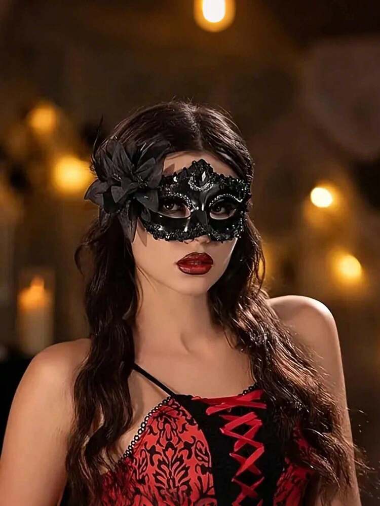 6英寸奢华双层薄纱蕾丝面具 - 可调节松紧带（银色/黑色，带水晶）| 成人化妆舞会面具 - 完美适用于万圣节、狂欢节和威尼斯主题派对，可爱，女士礼物，圣诞礼物，万圣节服装（女士） - 黑色 - 查看 5