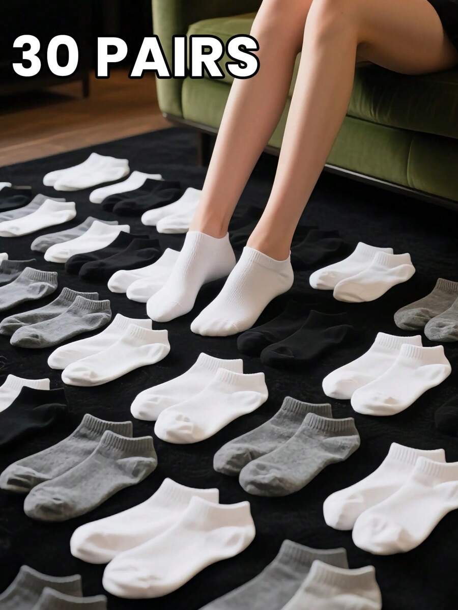 10/15/30 pares de calcetines de tobillo de unicolor unisex, calcetines casuales lisos negros/blancos/grises para hombres y mujeres, calcetines cortos de bajo corte para primavera, verano, otoño, invierno, suaves, cómodos, ligeros, versátiles, transpirables, que absorben la humedad, adecuados para uso diario, ocio, al aire libre, deportes, oficina