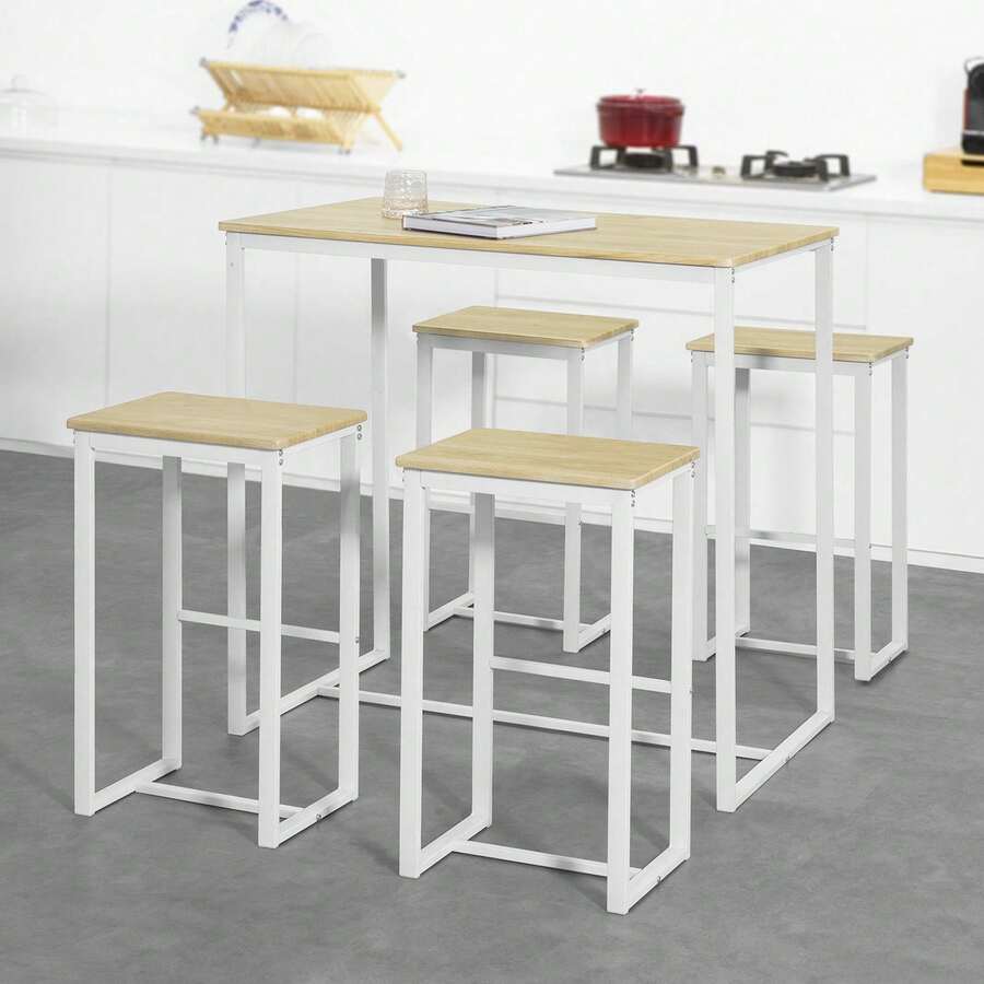 SoBuy OGT15 5-Piece Bar Table With Chairs Dining Table High Table Bistro Table With 4 Bar Stools Seating Group - White+Khaki - View 1