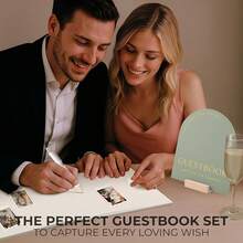Beautiful Wedding Guest Book Set With Personalized 2025 Year Your Wedding Reception – Elegant Photo Guestbook Linen Cover, Sign, Luxury Pen & Adhesive Photo Corners To Capture Memories - Sage - 查看 3