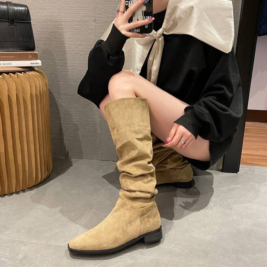 Stivali Invernali Nuovi Arrivi.Casual Fashion Is Versatile.2025 New Casual Fashion French Retro Stack Boots New Thick Heel Tall Boots Western Boots - Khaki - View 1
