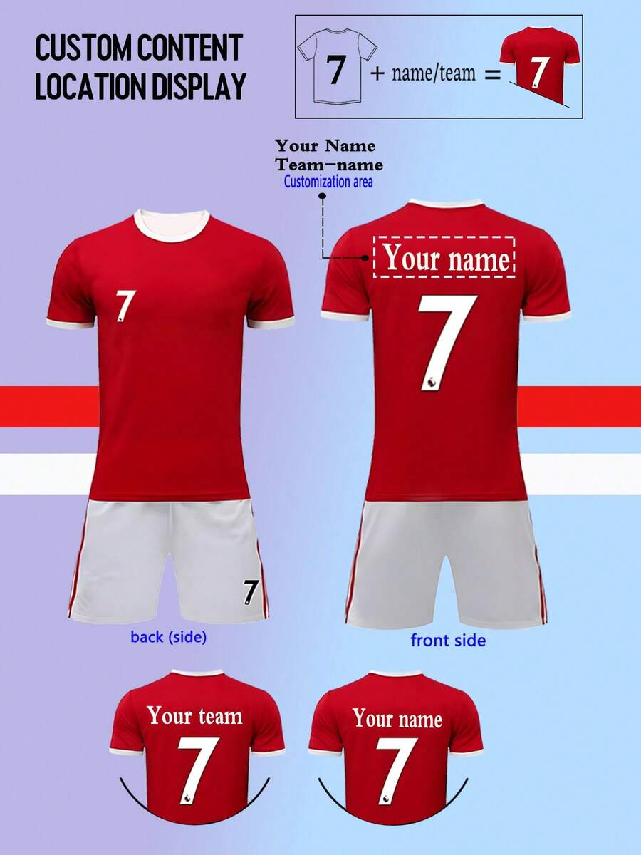 Customized Product: Personalized Name/Number/Team Customization, 22-23 Season Home Jersey #7/CR*7 Jersey, Youth/Kids/Boys Soccer Uniform Set, Sportswear & Casual Wear, Round Neck Top And Shorts, Suitable For Boys Sports, Training And Leisure Wear, Outdoor Perfect Choice - Red and White - View 1
