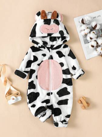 1 pieza Mono con capucha de felpa con diseño de vaca para bebé, adecuado para otoño/invierno