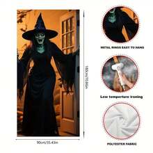 1pc Halloween Door Curtain Banner, Evil Red-Eyed Open Mouth Witch Design 2D Banner, Spooky Halloween Decor, Suitable For Home Decor, Doorway, Patio And Garden, Durable Polyester Material, Halloween Decoration