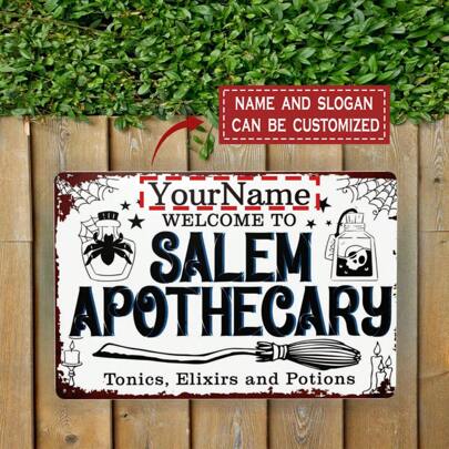 Customizable Salem Apothecary Metal Sign - Personalized Witch Theme Home Decor, 8x12 Inch Wall Plaque With Eerie Design, Perfect For Halloween Or Room Decor, Halloween Wall Decor | Apothecary Aesthetics | Decorative Sign, Halloween Decorations, 2D Flat, Great For Room Decor