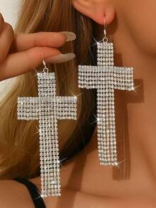 Funkelnde Krallenkette Schmuck, glamouröser Partystil Kreuz Anhänger Ohrringe, übertrieben große Tropfen Ohrringe für Frauen