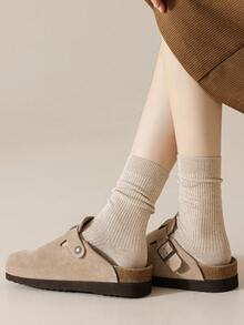 1/6 Pairs Women Melon Color Solid Simple Fashion Versatile Comfortable Soft Fleece Lined Mid-Calf Socks, Suitable For Casual Daily Wear