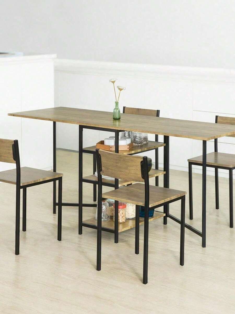 SoBuy FWT62-N, Modern Industrial Design Folding Dining Table With 3 Shelves, Kitchen Dining Room Table, Folding Table - Brown - View 1