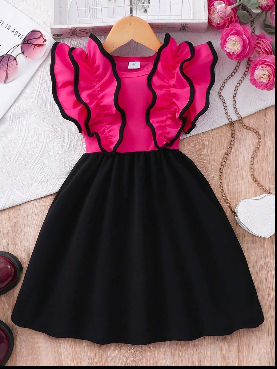 Young Girl' Fashion Ruffle Patchwork Casual Dress, Suitable For Outdoor & Daily Casual Occasions