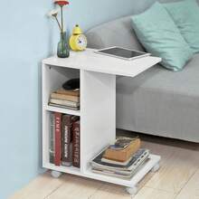 SoBuy FBT48-W, Sofa Side Table End Table Coffee Table On Wheels With 2 Storage Shelves & Tablet Holder, White - White - View 3