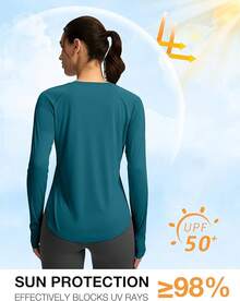 Womens Shirts UPF 50+ Lightweight Quick Dry Long Sleeve Workout Hiking Tops Outdoor - Peacock Green - View 2
