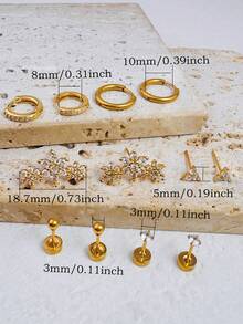 6对花朵耳钉套装，经典耳环，14K镀金不锈钢简约耳环，适合多个耳洞，镶嵌小颗立方氧化锆，适合耳垂、耳骨、耳廓佩戴，适合女性和女孩。 - Gold2# - 查看 2