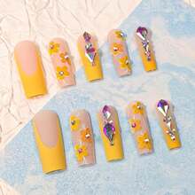 Orange French Fake Nails With Rhinestones - Square Design, Glue On, Fall Nail Press Ons, Stick On Nails, 24 Pcs For Women - 長款-C5C9 - 查看 2