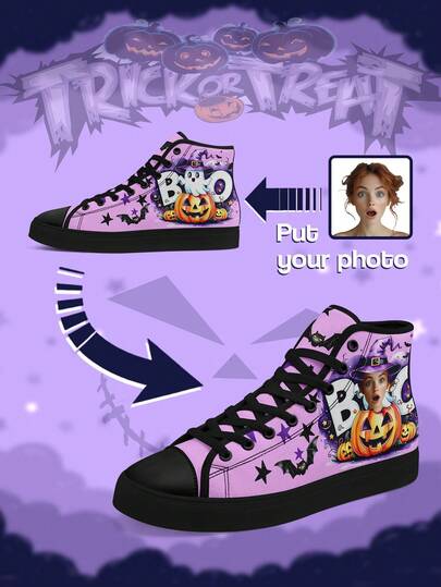 Women's Custom Halloween High-Top Sneakers, Personalized Your Face Pumpkin And Bat Design, Lightweight Comfortable And Stylish, Funny Halloween Gift For Mom/Dad/Her/Him/Girlfriend/Boyfriend/Wife/Husband/Friend, Unique Halloween Decor Footwear