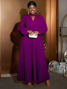 Damska solidna sukienka z dekoltem w serek i rękawami w kształcie latarni, elegancka, plisowana, na imprezę, do klubu, na urodziny, na bankiet, na wieczór, na bal, na Nowy Rok