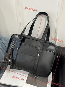 Bolso de mano minimalista de estilo oficinista, bolso de mano de mujer de moda en PU, bolso de hombro de gran capacidad de unicolor y personalizado para el trabajo - Negro - Ver 8
